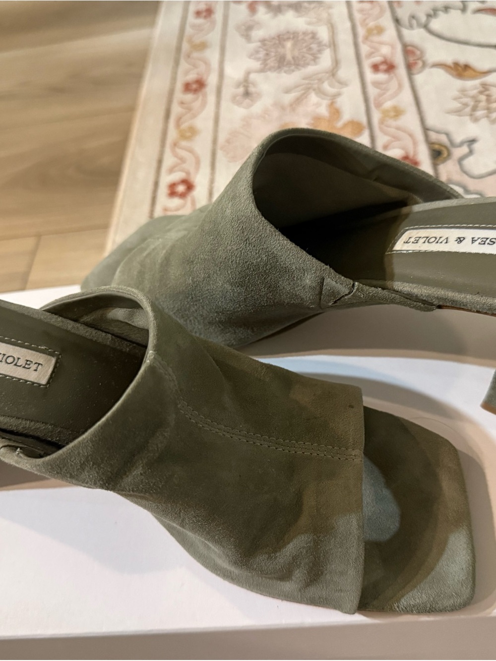 Chelsea & Violet Olive Suede Open-Toe Mule Heels